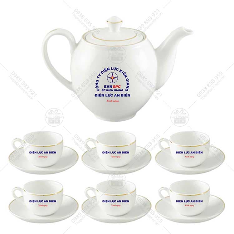 Bộ Trà Camellia Viền Chỉ Vàng Minh Long In Logo