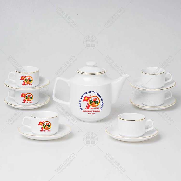 Bộ Trà Jasmine Trắng Viền Chỉ Vàng Minh Long In Logo