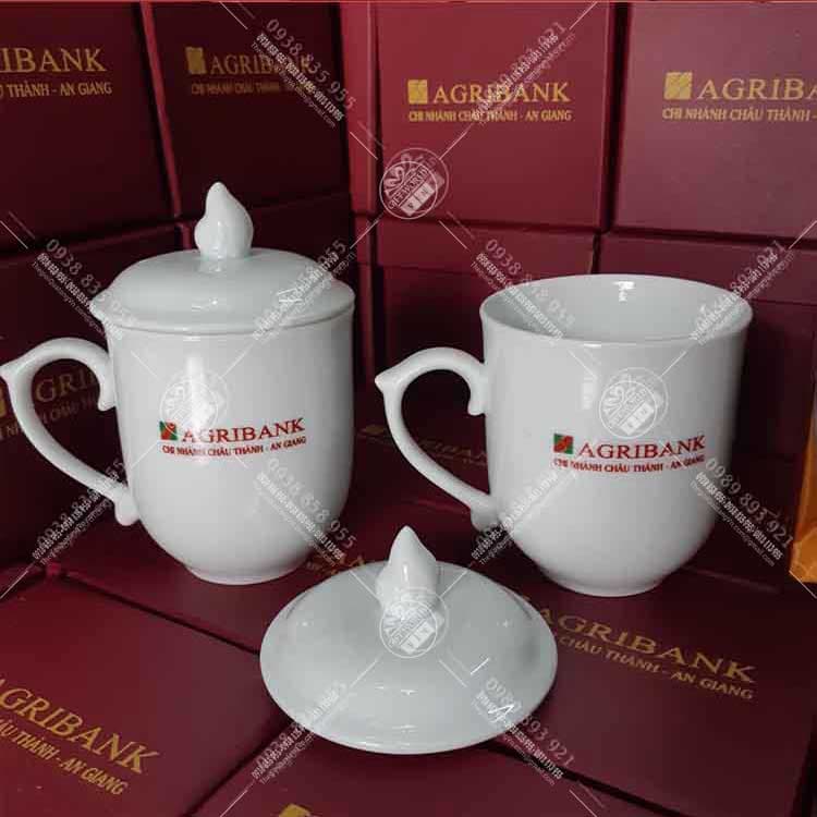 Ca Sứ Mẫu Đơn Trắng In Logo Theo Yêu Cầu