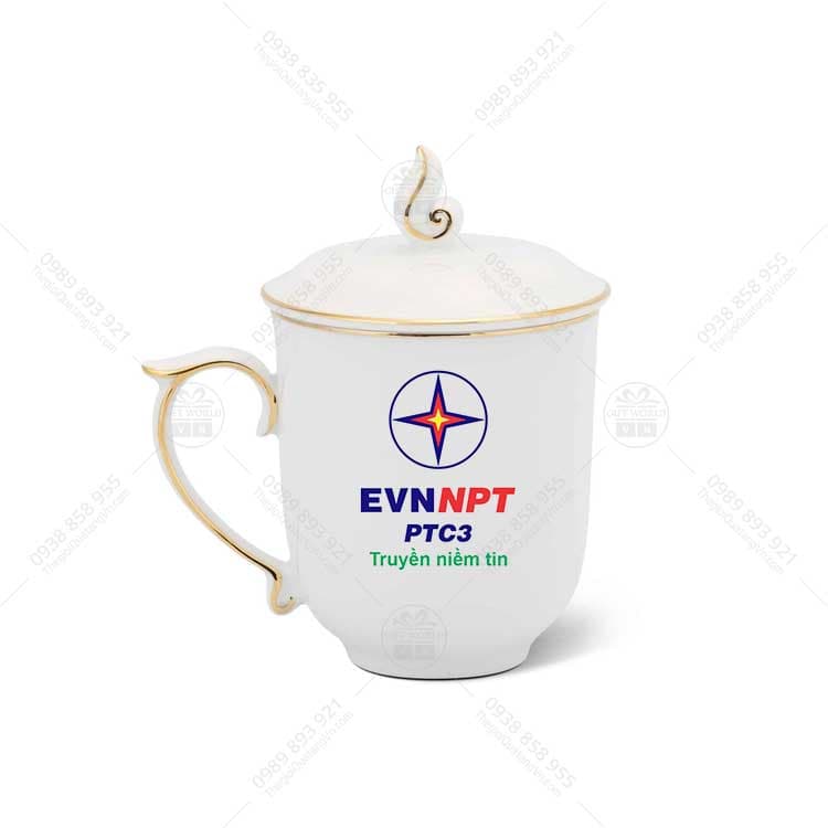 Ca Sứ Minh Long Mẫu Đơn Viền Chỉ Vàng In Logo